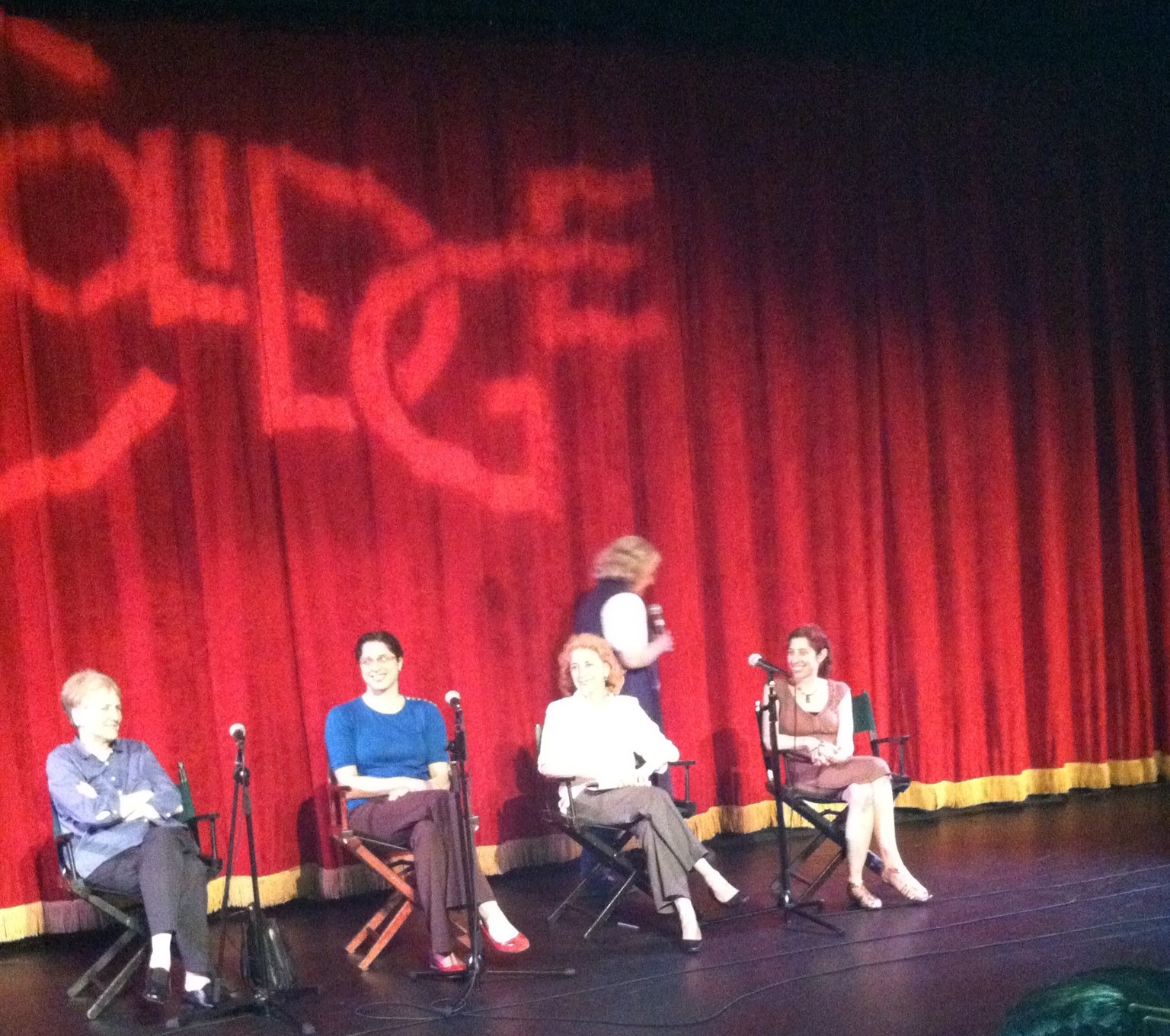 The Coolidge Corner Theater for the sold out showing on June 20th, 2012 of the timely documentary Pink Ribbons, Inc. In back is Moderator Catherine DeLorey, Former Breast Cancer Action board member, Ellen Leopold, Women's Community Cancer Project and author and interviewee from the film; Rachel Danford. Researcher, Silent Spring Institute; Margo Simon Golden, WCCP and Board President of Massachusetts Breast Cancer Coalition; and Joanne Weiss, writer, Boston Globe